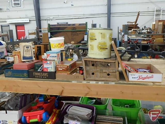 Vintage tins, boxes, pins, hinges, fire extinguisher dry chemical recharge kit