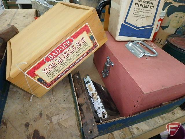 Vintage tins, boxes, pins, hinges, fire extinguisher dry chemical recharge kit