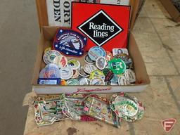 Vintage tins, boxes, pins, hinges, fire extinguisher dry chemical recharge kit