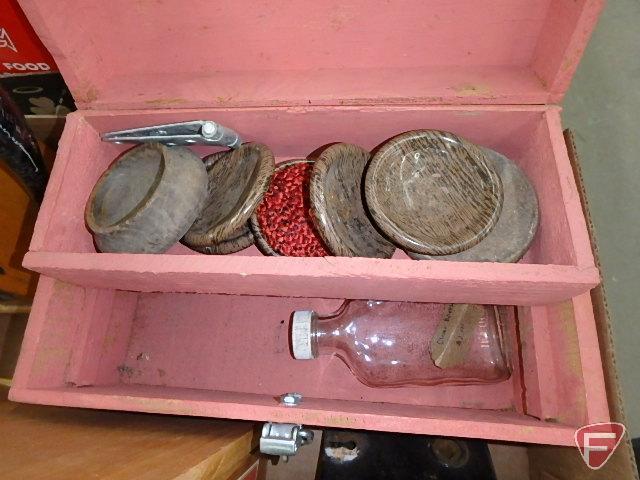 Vintage tins, boxes, pins, hinges, fire extinguisher dry chemical recharge kit