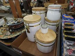 Jars with lids, vintage trays, candle holders, tins, portable enamelware urinal with tray, thermos'