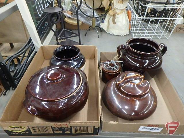 Electrical insulator, crock jar with lid, bean pots, one has lid, both boxes