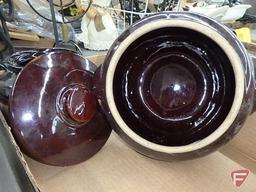 Electrical insulator, crock jar with lid, bean pots, one has lid, both boxes