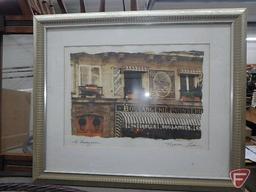 Wood framed mirror, Le Boulangerie print by Maureen Love framed and matted, metal wall hangings