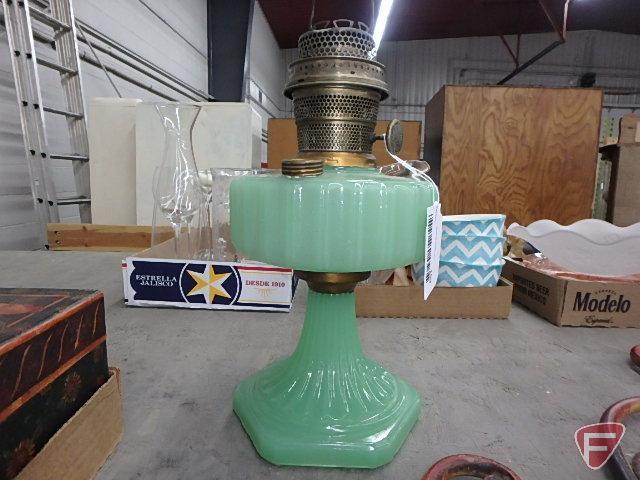 Jade colored glass kerosene lamp, has crack in base