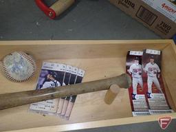 Wood display box with signed baseball bat, tickets, signed baseball glove, signed baseball
