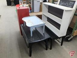 (2) Wood tables, one has drop leaves, occasional table with folding legs, wood bookshelf