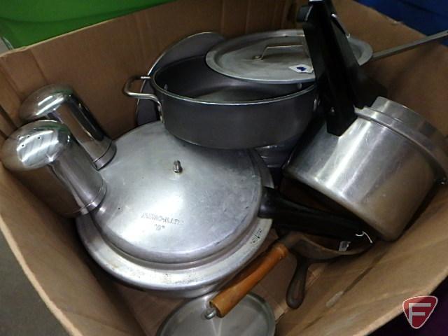 Coffee pots, pots and pans, and misc. cookware in tote with lid and box.