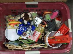 Toys, some Fisher Price, cars, action figures, tracks. Contents of basket, box and tote.