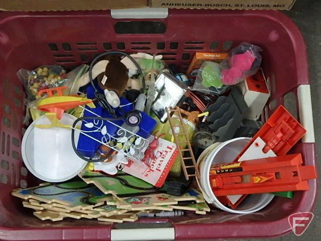 Toys, some Fisher Price, cars, action figures, tracks. Contents of basket, box and tote.