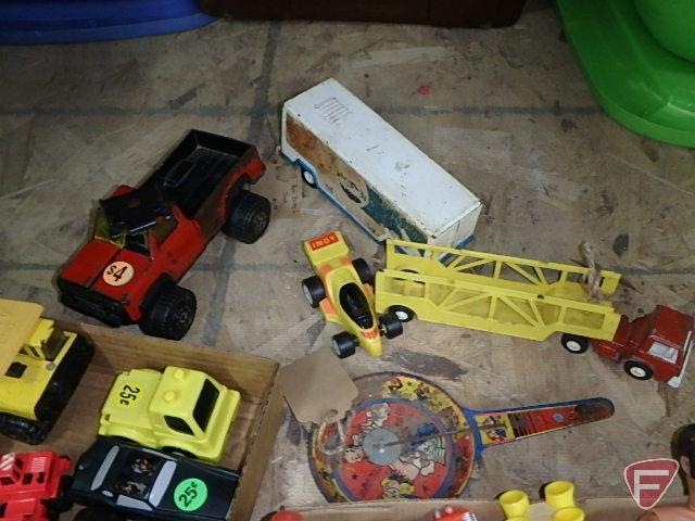 Toys, some Fisher Price, cars, action figures, tracks. Contents of basket, box and tote.