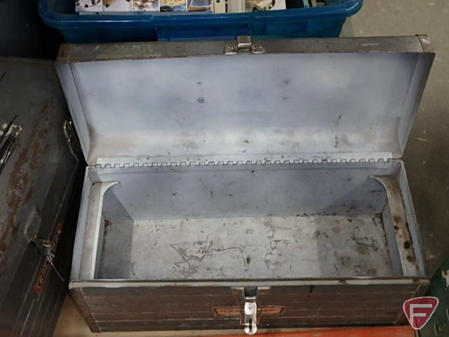 (2) metal tool boxes - empty, Skil 7 1/4in circular saw 574 in metal box, hand tools,