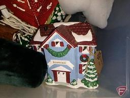 Holiday/Christmas items. Vase, candle holders, lights, figurines, stockings, village pieces.