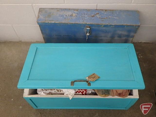 Painted wood box 25inW with table linens, purses, doilies, and metal box 25inWx5inD, empty.
