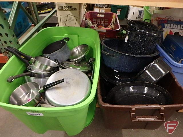 Assortment of pots and pans, splatter screens, enamel roasters, pots, canner. Contents of 2 totes.