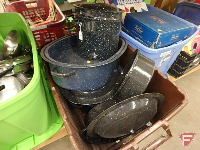 Assortment of pots and pans, splatter screens, enamel roasters, pots, canner. Contents of 2 totes.