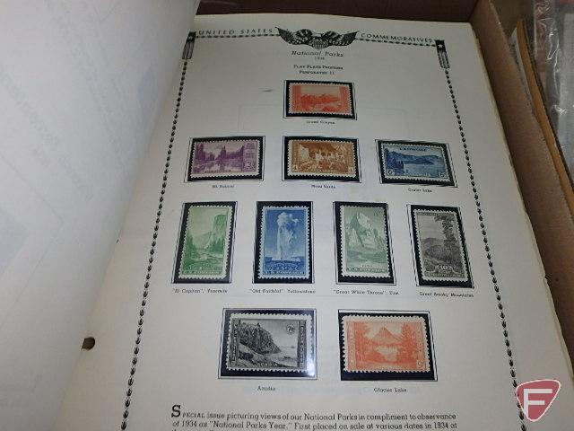 Large collection of stamps, some first day issue in binder, collection of postcards and matchbooks.