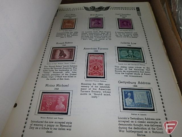 Large collection of stamps, some first day issue in binder, collection of postcards and matchbooks.