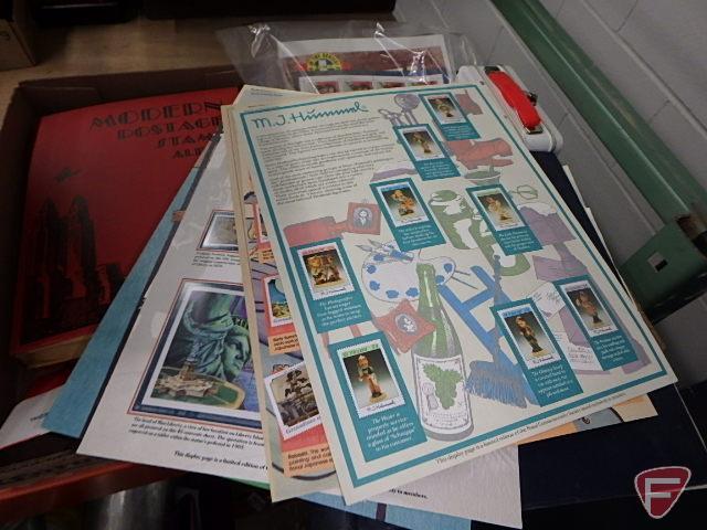 Large collection of stamps, some first day issue in binder, collection of postcards and matchbooks.