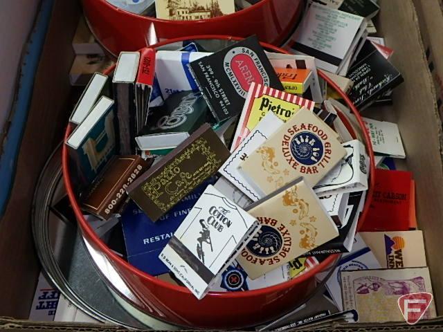 Large collection of stamps, some first day issue in binder, collection of postcards and matchbooks.