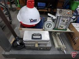 (2) metal tackle boxes, empty, anchor, The Big Bobber floating cooler, fishing rod case with rod,