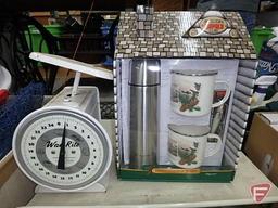 (2) metal tackle boxes, empty, anchor, The Big Bobber floating cooler, fishing rod case with rod,