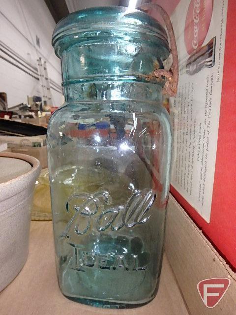 Cups, mugs, yellow glass platter and dish, crock with cover, blue canning jar with cover,