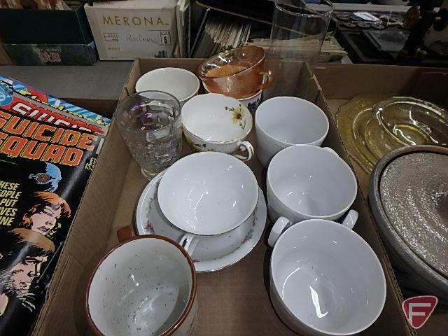 Cups, mugs, yellow glass platter and dish, crock with cover, blue canning jar with cover,