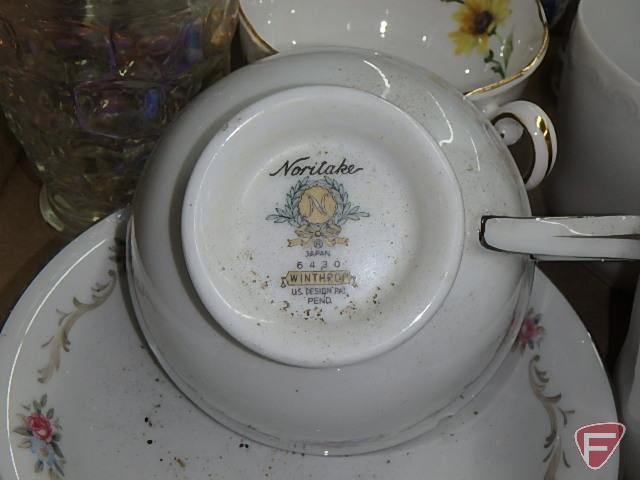 Cups, mugs, yellow glass platter and dish, crock with cover, blue canning jar with cover,