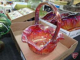 Red/orange carnival glass bowl and basket