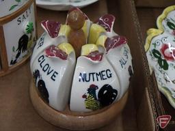 Porcelain chicken/rooster condiment sets, table top and wall mount, divided tray.