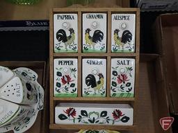 Porcelain chicken/rooster condiment sets, table top and wall mount, divided tray.