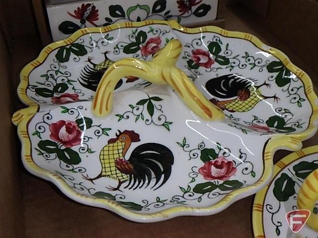 Porcelain chicken/rooster condiment sets, table top and wall mount, divided tray.