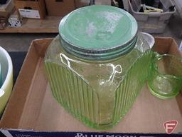 Vintage green glass canister, syrup pitcher and measuring cup