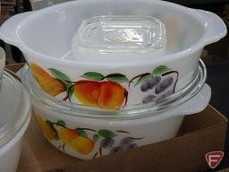 Fire King painted ovenware, casseroles, refrigerator dishes, handled bowls.