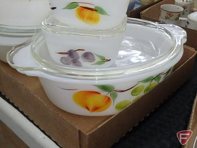 Fire King painted ovenware, casseroles, refrigerator dishes, handled bowls.