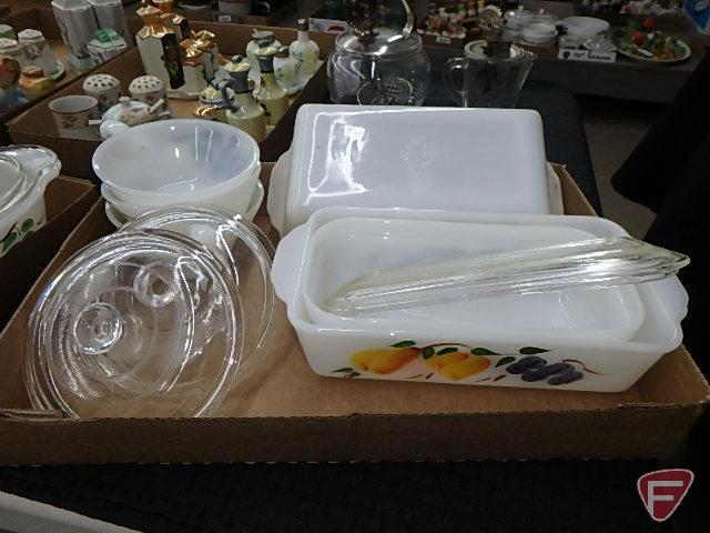 Fire King painted ovenware, casseroles, refrigerator dishes, handled bowls.