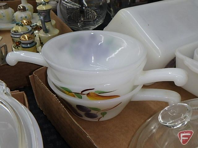 Fire King painted ovenware, casseroles, refrigerator dishes, handled bowls.