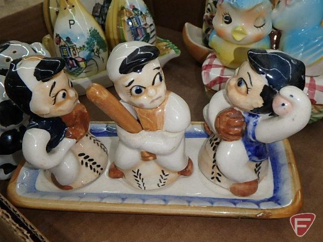 Assortment of novelty salt/pepper and condiment sets.