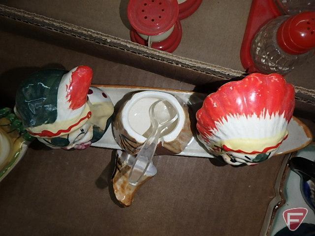 Assortment of novelty salt/pepper and condiment sets.