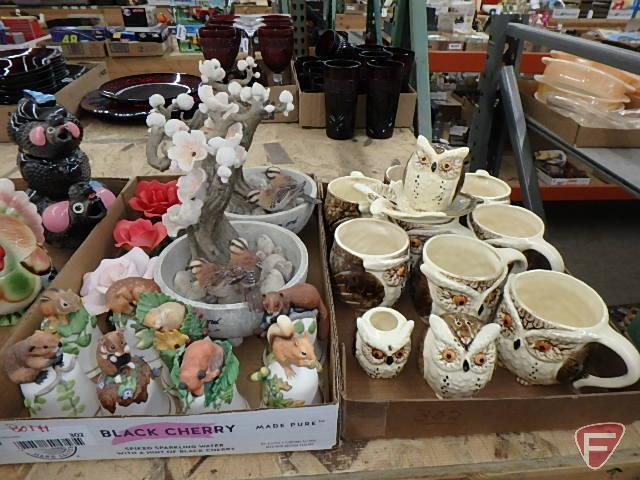 Porcelain flowers, animal figurine bells, tabletop fountains, owl mugs and condiment set.