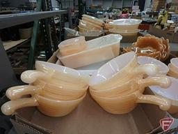 Fire King peach dishware, handled bowls, refrigerator dishes, prep cups, and peach dessert dishes