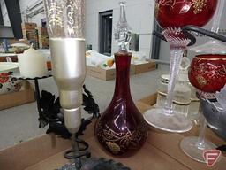 Red glass cordials, metal stand, and liqueur decanter in metal stand.