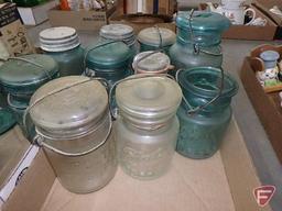 Clear and blue canning jars with glass and metal covers, Ball Zinc Caps. Contents of 2 boxes.