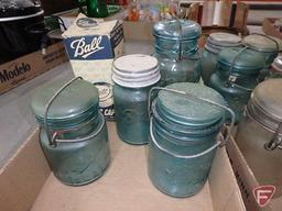 Clear and blue canning jars with glass and metal covers, Ball Zinc Caps. Contents of 2 boxes.