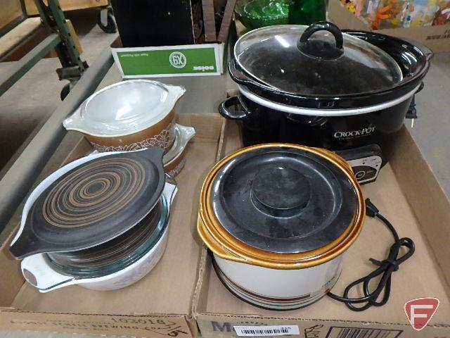 Rival Crock-ette, Crock Pot, and Pyrex dishes with covers. Contents of 2 boxes