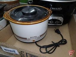 Rival Crock-ette, Crock Pot, and Pyrex dishes with covers. Contents of 2 boxes