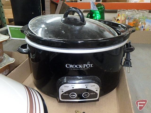 Rival Crock-ette, Crock Pot, and Pyrex dishes with covers. Contents of 2 boxes