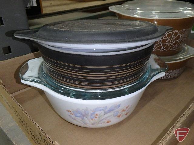 Rival Crock-ette, Crock Pot, and Pyrex dishes with covers. Contents of 2 boxes