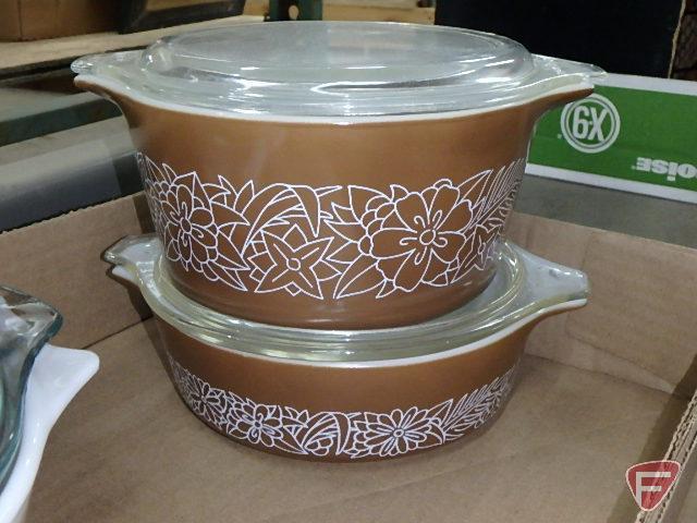 Rival Crock-ette, Crock Pot, and Pyrex dishes with covers. Contents of 2 boxes